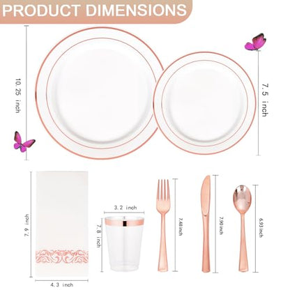 Supernal 400pcs Rose Gold Plastic Plates Disaposable Heavy Duty included Disposable Utensils& Plastic Party Plates Disaposable Party Cups and Napkins Sets for Valentine's Day Mother's Day and Easter - color: 400pcs White and Rose Gold Plastic Plates Disap