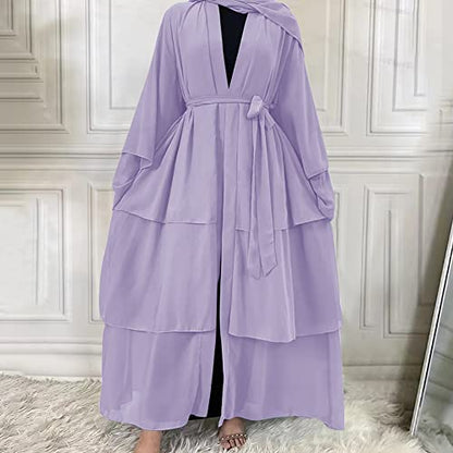 Abayas 여성용 무슬림 아바야 긴소매 맥시 드레스 루즈 풀 커버 이슬람 두바이 가디건 히잡 옷 S-XXL - color: 라이트 퍼플+히잡, size: Large