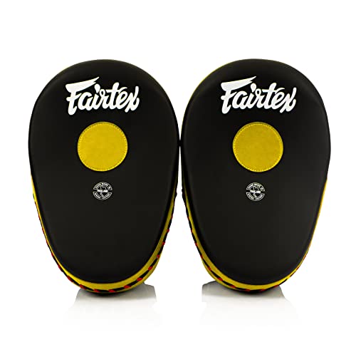 Fairtex FMV13 Maximized Focus Mitts, Muay Thai Kickboxing MMA Punching Pads | Premium Syntek leather shell with multi-layer foam. Curved shape with hook-and-loop wrist strap absorbs trainer strike impact - color: Black/Yellow
