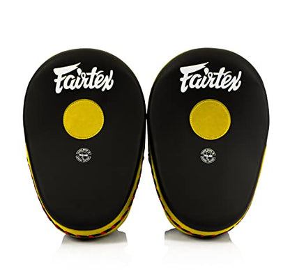 Fairtex FMV13 Maximized Focus Mitts, Muay Thai Kickboxing MMA Punching Pads | Premium Syntek leather shell with multi-layer foam. Curved shape with hook-and-loop wrist strap absorbs trainer strike impact - color: Black/Yellow