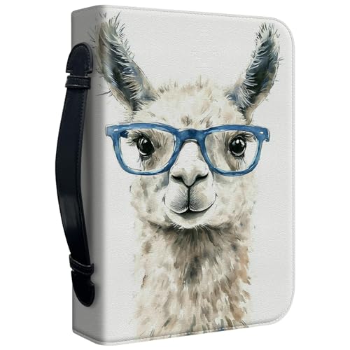 Bible Cover Case for Women, PU Leather Large Bible Cases with Zipper Fits Books Up to 12" x 9" x 2.76”, Bible Carrying Bag for Men, Alpaca with Glasses - color: Alpaca With Glasses