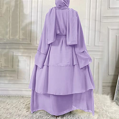 Muslim Chiffon Abaya for Women Open Front Cardigan Modest Dress with Hijab Scarf Middle East Arabian Robe Islamic Long Dress - color: Light Purple, size: X-Large