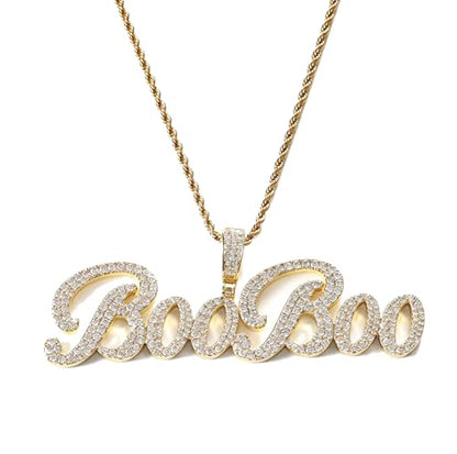 Lulu Mel Iced Out Personalized Cursive Name Necklace For Trendy Women, Custom Handmade Nameplate Pendant With Cuban Link Chain, White Gold Plated Hip Hop CZ Diamond Jewelry Gifts - color: Brust Letter Gold