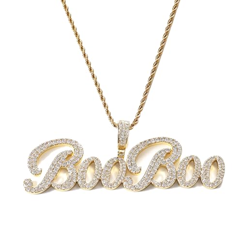 Lulu Mel Iced Out Personalized Cursive Name Necklace For Trendy Women, Custom Handmade Nameplate Pendant With Cuban Link Chain, White Gold Plated Hip Hop CZ Diamond Jewelry Gifts - color: Brust Letter Gold