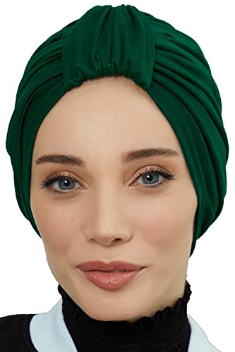 Aisha's Design Instant Turban Plain Cotton Scarf Head Wrap Lightweight Hat Bonnet Cap for Women - color: Dark Green