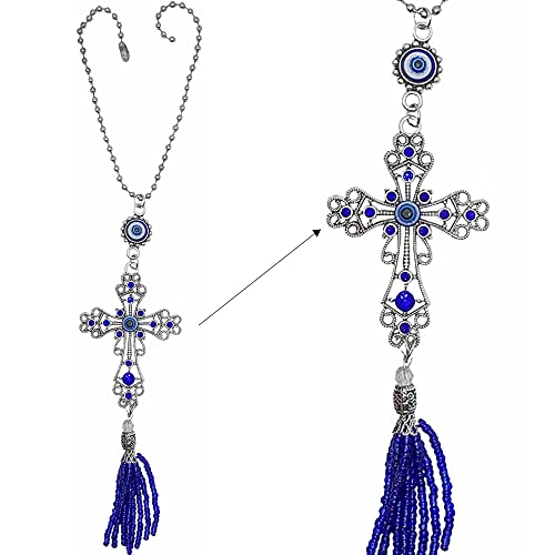 LUCKBOOSTIUM Evil Eye Cross & Crystal with Hanging Tassel Ornament - Evil Eye Keychain for Divine Protection, Decorative Car Rear View Mirror Accessories, Purse, Walls, Home and Office (Ball Chain) - color: Cross in Ball Chain 1