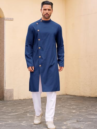 Runcati Mens Kaftan Thobe Button Down Long Sleeve Robe Casual Henley Shirt Cotton Muslim Gown Kurta Tops - color: Navy, size: X-Large