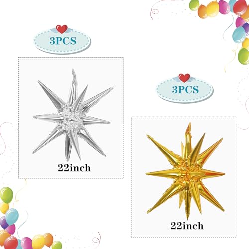 6 Pcs Silver Star Foil Balloons One-Piece 14-Pointed Star Balloon 4D Starburst Cone Mylar Balloon 22inch Christmas Birthday Wedding Wedding Anniversary Party Supplies (Silver + Gold) - color: 22 Inches Silver + Gold