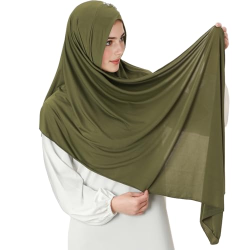 khalat Instant Hijab 여성용 무슬림 샤이니 라인스톤 데일리 스카프 부드럽고 신축성 있는 단색 이슬람 기도 히잡 - color: 아미 그린.