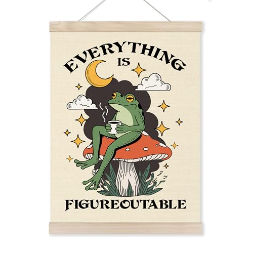 HUGANE Inspirational Frog Wall Art Poster Hanger Frame, Cottagecore Mushroom Coffee Frog Canvas Pictures Prints Framed Hanging Wall Decor for Bedroom Living Room Home Office, 12x16 Inch - color: Color-31