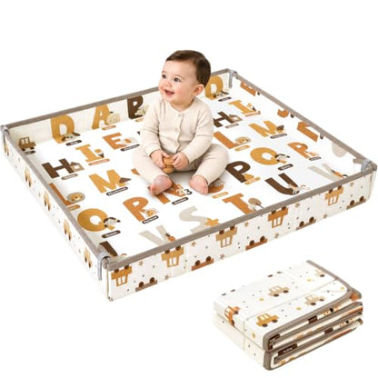 Foldable Baby Play Mat, 65" X 50" Waterproof Double-Sided Cushioned Activity Play Mat, Soft Lightweight Foam Playmat with Fold-Up Sides, Non Slip Crawling & Playing for Infants and Toddler, Alphabet