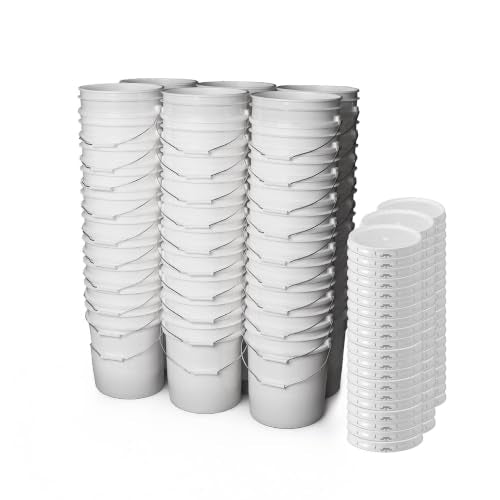 5 Gallon Bucket - Food Grade w/Lid BPA-Free,60 Pack - White | Airtight Gasketed Tear Strip Lid, Heavy-Duty 90 Mil HDPE Plastic Pail, Bulk Storage, Food Safe Durable Container, Made in USA - color: White, size: 60 Packs