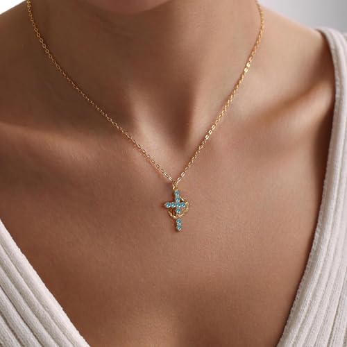 Robaice Upgraded Crown Cross Necklace for Women, 14K Gold Plated - color: M03 Aquamarine Blue, Mar