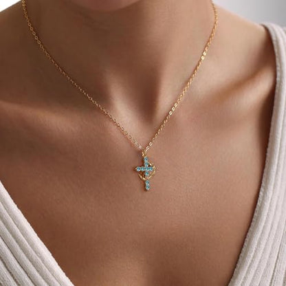 Robaice Upgraded Crown Cross Necklace for Women, 14K Gold Plated - color: M03 Aquamarine Blue, Mar
