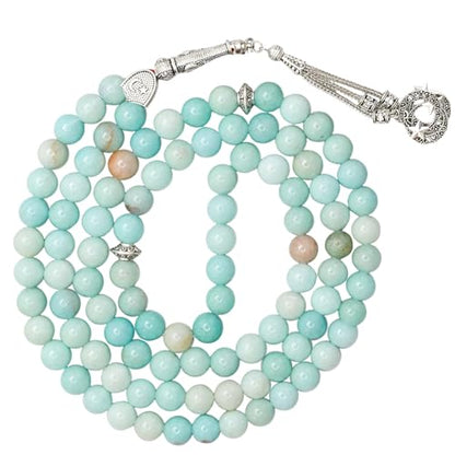 Amazing Gemstone Amazonite Tasbeeh with Moon and Star Charm - Certified Crystal Muslim Prayer Beads Natural Gemstone Tasbih Gift for Ramadan Dhikr and Daily Namaz (S) - color: Amazonite