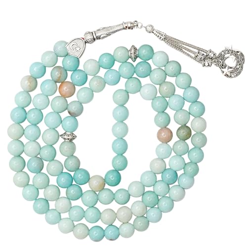 Amazing Gemstone Amazonite Tasbeeh with Moon and Star Charm - Certified Crystal Muslim Prayer Beads Natural Gemstone Tasbih Gift for Ramadan Dhikr and Daily Namaz (S) - color: Amazonite