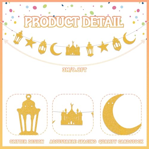 Eid Mubarak Banner, Eid Mubarak Party Hanging Decor Ramadan Mubarak Party Decorations Islamic Starr Moon Mosque Garlands Islam Star Moon Crescent Muslim Party Supplies Gold Glitter