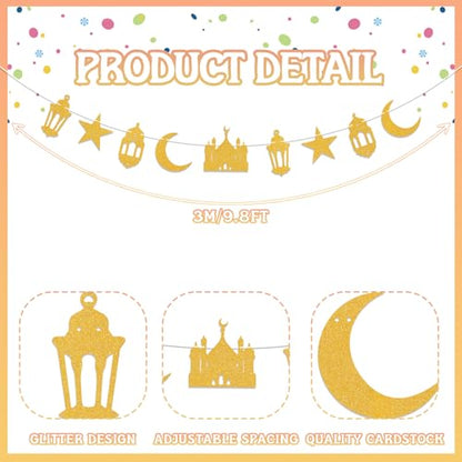 Eid Mubarak Banner, Eid Mubarak Party Hanging Decor Ramadan Mubarak Party Decorations Islamic Starr Moon Mosque Garlands Islam Star Moon Crescent Muslim Party Supplies Gold Glitter