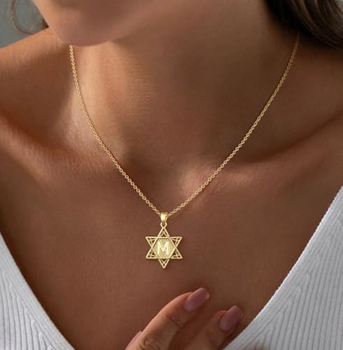 Gold Initial Necklaces for Women Dainty Pendant Letter Necklace 14K Gold Plated Jewish Star of David Religious Jewelry Personalized Gift Non Tarnish Waterproof 16.5-18.5 Inches - style: Initial M