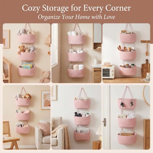 Pink 3-Tier Woven Cotton Rope Hanging Basket, Over the Door Organizer, Adjustable Detachable Wall Basket with Metal & Adhesive Hooks, No Drilling for Girls Room, Bedroom & Dresser Storage - style: Pink