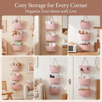 Pink 3-Tier Woven Cotton Rope Hanging Basket, Over the Door Organizer, Adjustable Detachable Wall Basket with Metal & Adhesive Hooks, No Drilling for Girls Room, Bedroom & Dresser Storage - style: Pink