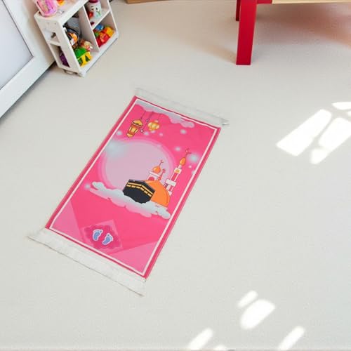 Modefa Turkish Islamic Child Prayer Rug Gift Set - Thin Praying Carpet for Boys and Girls - Muslim Digital Print Kids Prayer Mat Gift Ramadan or Eid with Tesbih Prayer Beads - Pink