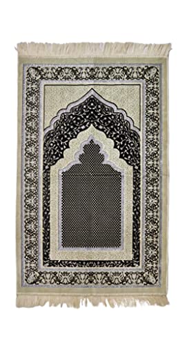 Generic Islamic Prayer Rug, Premium Quality, Comfortable, Hand Washable, Durable Fabric, Variety of Designs & Colors, 43 x 28 Inches, Beige, Rectangular, Traditional, Indoor Use Only - color: Beige & Black
