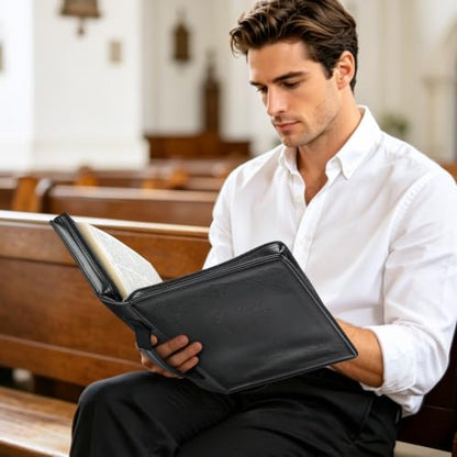 FINPAC Large Classic Bible Cover Vegan Leather Carrying Book Case Church Bag Bible Protective with Handle, Gift for Men, Women, Father, Mother, Black - color: Black