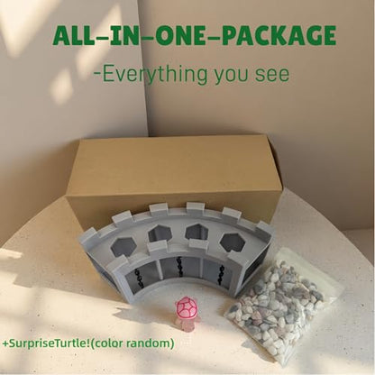 Aquarium Underground Corner Cave Hideout, Natural Curve with Chain Design, Fish Tank Decor Includes Stones & Turtle Ornament, Hiding Tunnel Perfect for Betta Shrimp Corydoras Kuhli Loach Pleco