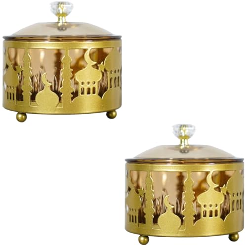 Amosfun Ramadan Tray with Lid: 2pcs Metal Gold Eid Mubarak Tray Ramadan Food Container Plate Candy Dish Cookie Trinket Box for Serving Eid Party Activity