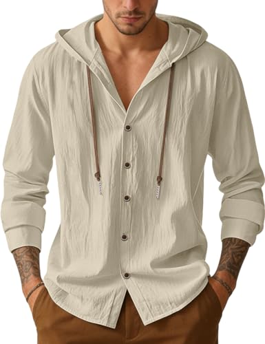 Mens Cotton Linen Button Down Hoodies Long Sleeve Casual Hoodies Hawaiian Beach Top Lightweight Fashion Shirts - color: Beige, size: Small