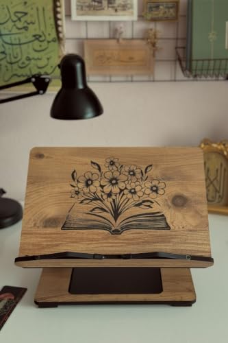 Adjustable Height Wooden Rehal Book Reading Stand for Quran Tablet Laptop - Solid Wood Construction with 4-Level Tilt and Height Adjustment - Ergonomic Design for Comfortable Study and Work - Brown -