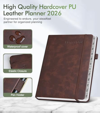 2026 Weekly & Monthly Planner, 12 Months Hardcover Planner from January 2026 - December 2026, Leather Agenda Organizer Book 2026 with Tabs, Daily Calendar Planners for Work School Home, A5 (5.75" x 8.38"), Brown - color: Brown