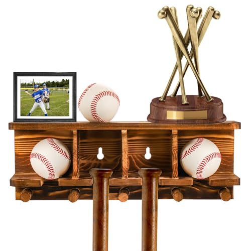 Tebery Wood Baseball Bat Holder and Ball Display Shelf Wall Mounted, Sports Memorabilia and Collectibles Floating Shelf Hanging Organizer Bat Rack