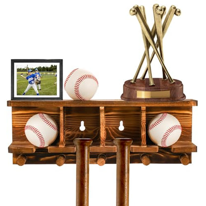 Tebery Wood Baseball Bat Holder and Ball Display Shelf Wall Mounted, Sports Memorabilia and Collectibles Floating Shelf Hanging Organizer Bat Rack