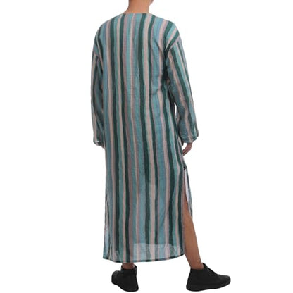 IWEMEK Muslim Thobe for Men Striped Kaftan Thobe with Pockets Saudi Arabic Robe Button up Dubai Abaya Caftan Ramadan Clothes - color: Green, size: Medium