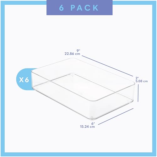 primebox Plastic Clear Drawer Organizers. Bathroom. Kitchen, Bedroom, Utensils, Office Organizer Bins, Storage Trays. Stackable. 9" x 6" x 2" Set of 6 - size: 9" x 6" x 2"