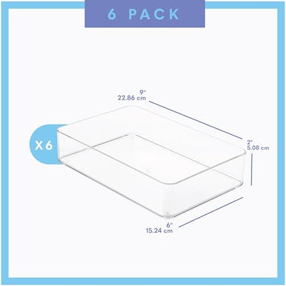 primebox Plastic Clear Drawer Organizers. Bathroom. Kitchen, Bedroom, Utensils, Office Organizer Bins, Storage Trays. Stackable. 9" x 6" x 2" Set of 6 - size: 9" x 6" x 2"