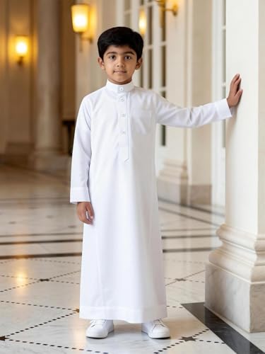 Kids Muslim Thobe, Boys White Traditional Arab Dishdasha, Long Sleeve Islamic Prayer Robe - color: White, size: 8Y