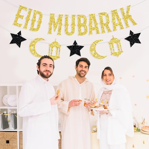 Eid Mubarak Banner, Umrah Mubarak Festival Party Decorations, Muslim Islam Eid al-Fitr Party Decorations Supplies Gold and Black Glitter