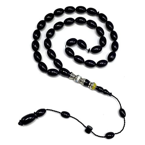 EXCLUSIVE COLLECTION -Handmade Silver Engraved Bakelite Tesbih, Tasbih, Islamic Rosary, Islamic Prayer Beads, Misbaha (7x11 mm 33 Black Rice Beads) - color: 7x11 mm 33 Black Rice Beads