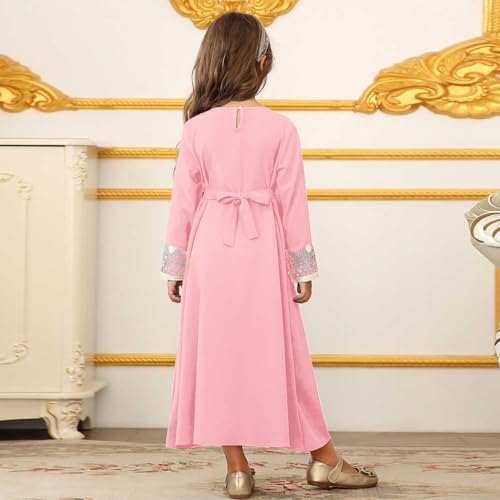Kids Girls Ramadan Muslim Lace Trim Maxi Dress with Belt Prayer Arabic Kaftan Dubai Islamic Eid Dresses - color: Pink, size: 4-5 Years