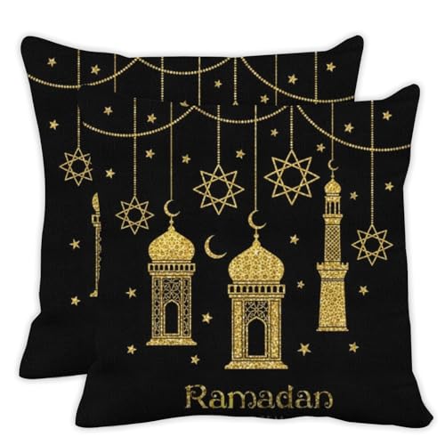 ramadan pillow covers 18x18 in black and gold pillow covers set of 2 Islamic moon star lantern floral Arabic geometric ramadan cushion cover traditional religious pillows cover throw pillowcover - color: Ramadan-1