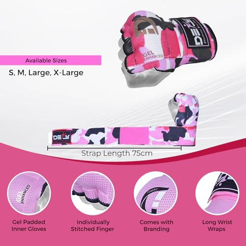 DEFY Padded Inner Gloves Quick 75cm Long Strap – Inner Boxing Gloves Gel Padded Knuckle Protection – Elasticated Boxing Hand Wraps for MMA Muay Thai Kickboxing Martial Arts Pair - color: Pink Camo, size: X-Large