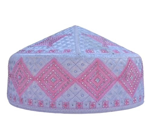 Unisex Kufi Muslim Men Prayer Cap White Stoned Outdoor Headwear Eid Handmade Kufis Namaz Hat - color: Pink, size: X-Large