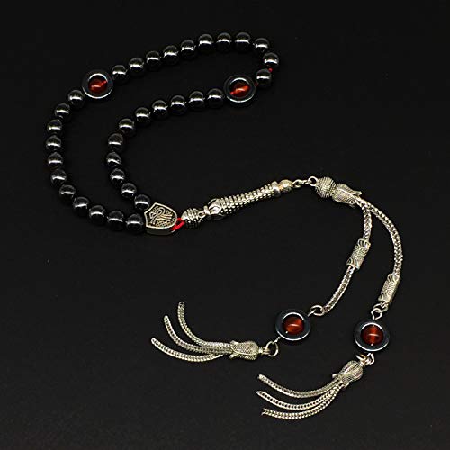 Design - Long & Stylist Tassels Worry Beads-Prayer Beads-Tesbih-Tasbih-Tasbeeh-Misbaha-Subha-Sebha-Sibha-Rosary (Hematite & Red Agate -8 mm-33 Beads & Bracelet) - color: Hematite & Red Agate -8 mm-33 Beads & Bracelet