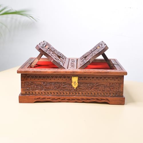Goofy Turtle Wooden Books Storage Box with Attached Foldable Book Reading Stand, Handmade Rehal for Quran and Rehal