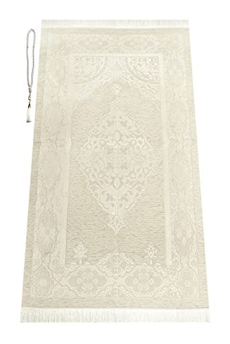 ihvan online Muslim Prayer Rug with 99 Beads Tasbih, Soft Chenille Sajadah, Lightweight & Foldable Janamaz, Portable Travel Prayer Mat, Islamic Gift for Eid, Ramadan, Hajj & Umrah, Cream - color: Cream