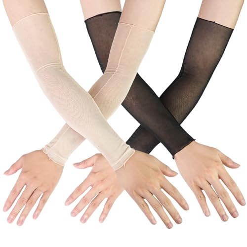 Luwint Long Sheer Arm Sleeves for Women, 2 Pairs Mesh Arm Cover Outfit Accessories (Black/Beige)