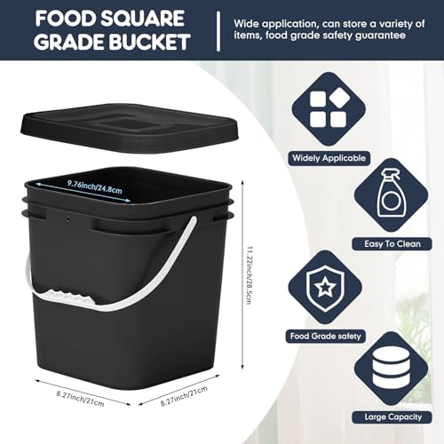 Mumufy 10 Pcs 3.5 Gallon Square Food Grade Bucket with Lid Plastic Buckets Pail with Handle Lid Heavy Duty Buckets for Storing Dry Food Charcoal Camping Fishing(Black) - color: Black, style: Square
